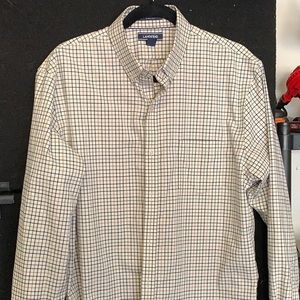 Men’s Lands End Wrinkle Free Button Down, Camel & Navy SZ Large 16”-16.5” neck